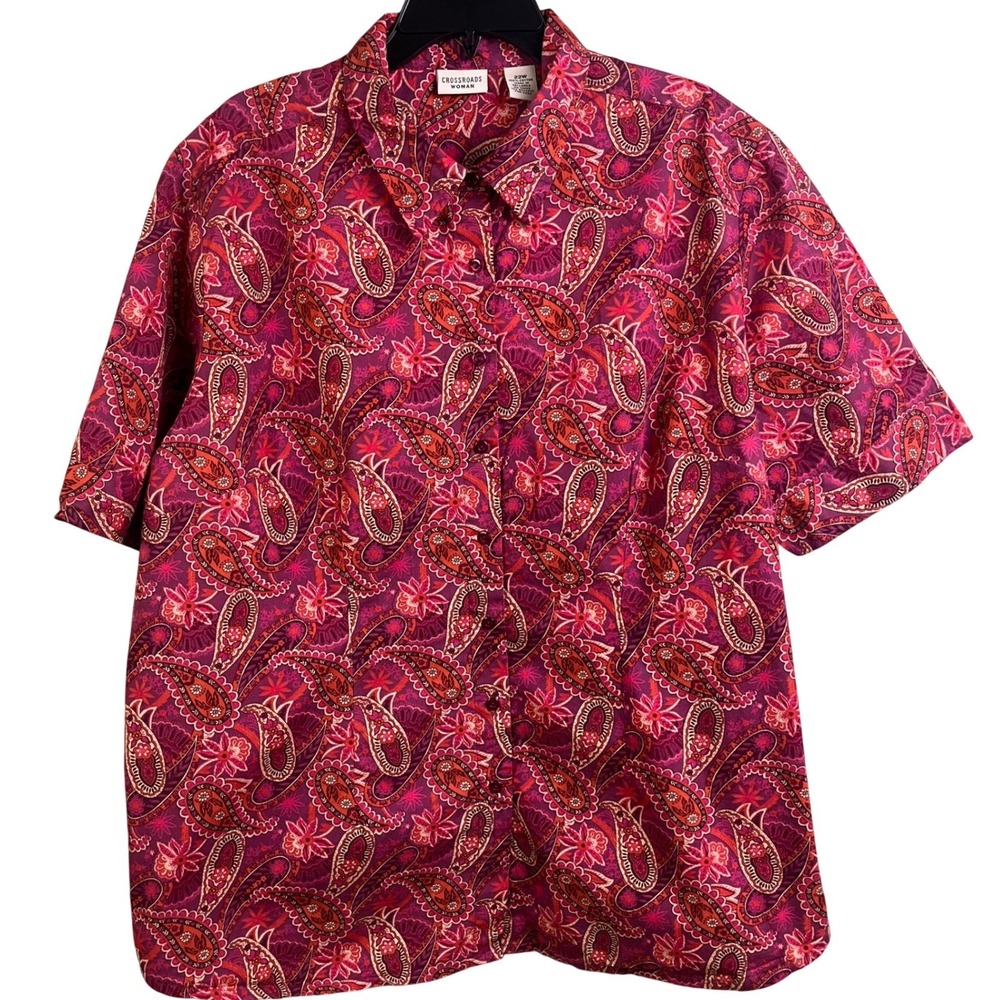 Crossroads Hot Pink Paisley Floral Print Short Sleeve Button Down Shirt Boho 22W